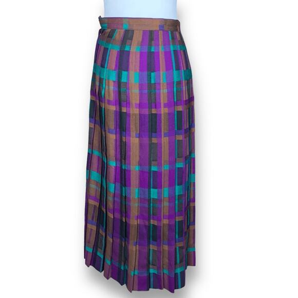 Vintage Christian Dior 80s Purple Plaid Wool Pleated Maxi Skirt Holiday Longline - Picture 6 of 11